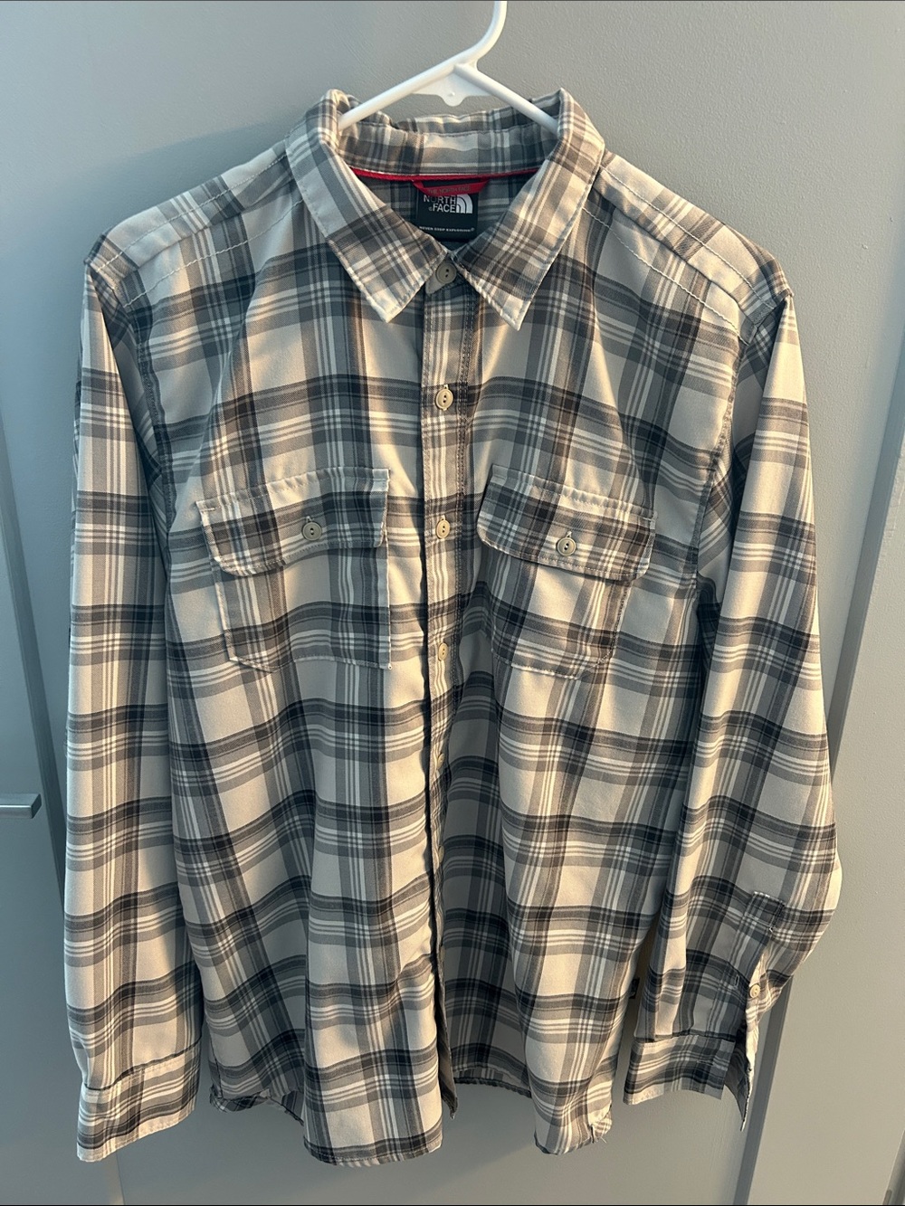 The North Face Men's Cream and Gray Plaid Button-Down Shirt